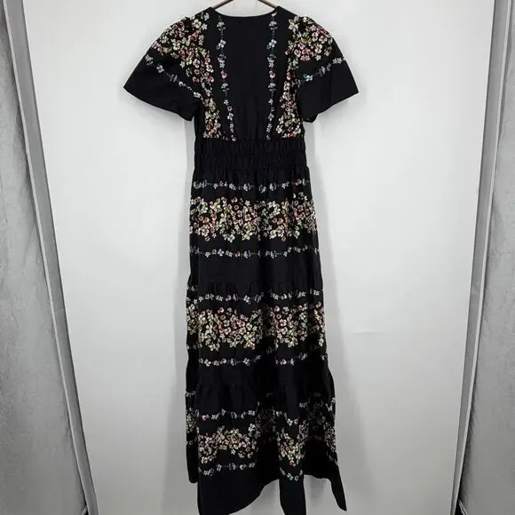 Anthropologie Black The Somerset Floral Tiered Smocked Cotton Maxi Dress Sz XXS - Picture 8 of 12